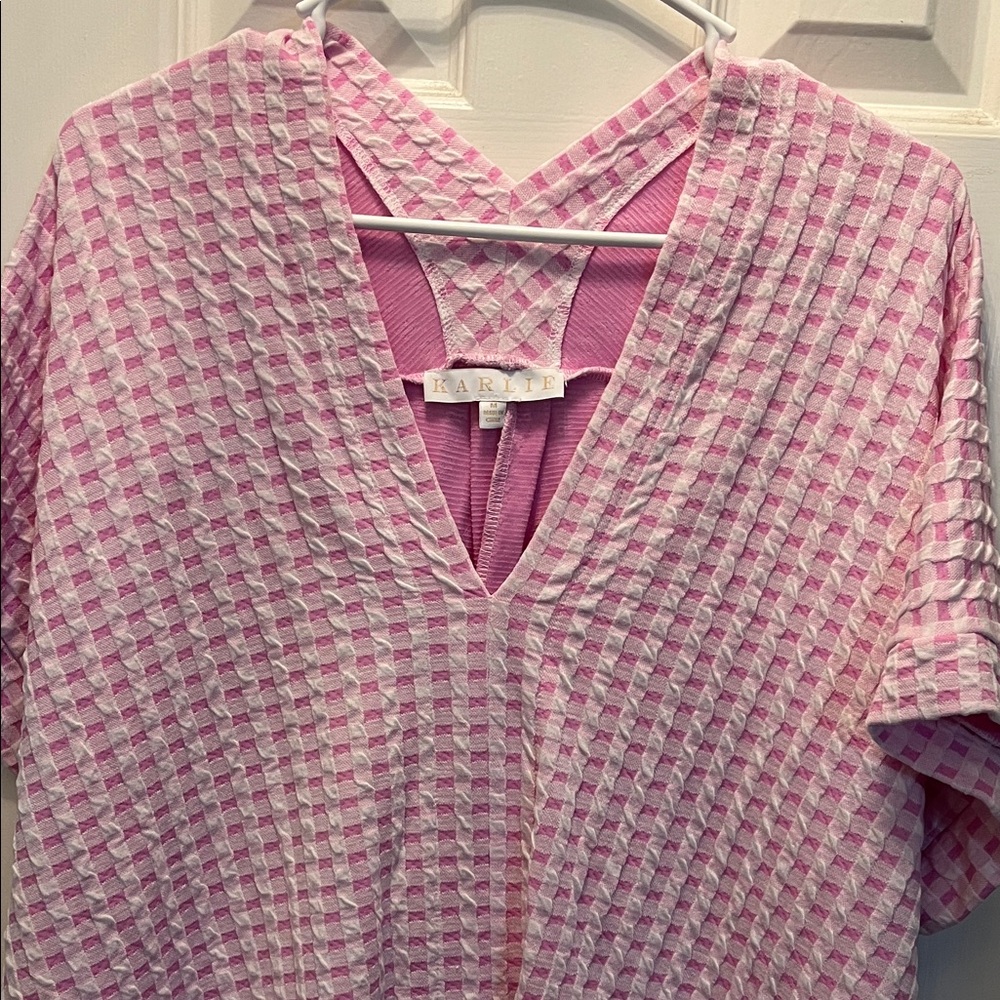 KARLIE Pink Checkered V-Neck Top